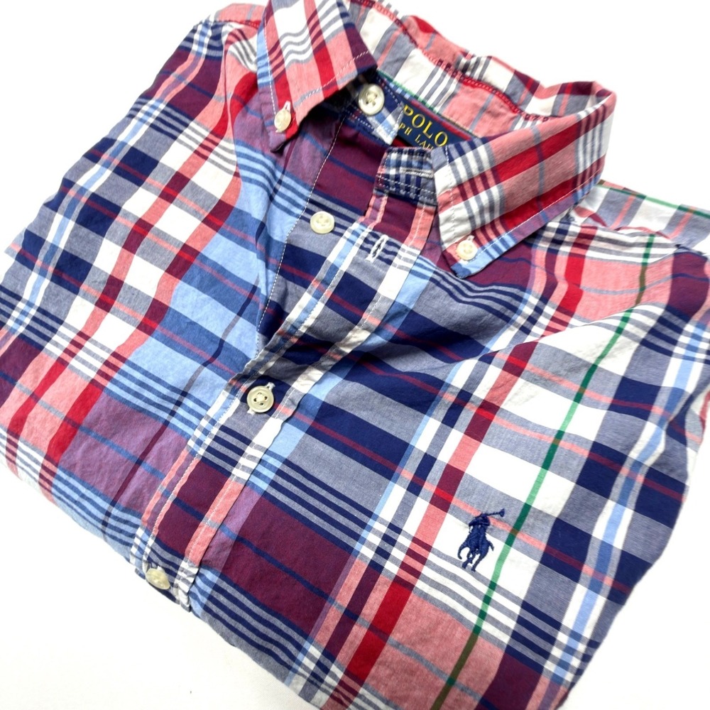 Polo Ralph Lauren Boys Plaid Button Front Shirt XL 18-20 Natural Stretch Cotton